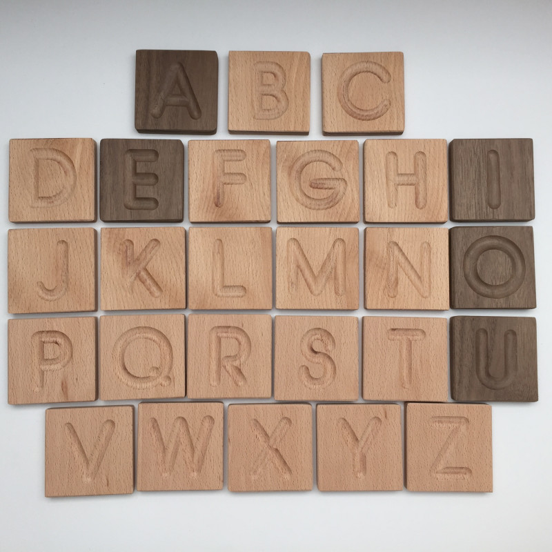 Set of ABC cards (consonants in beech, vowels in walnut)
